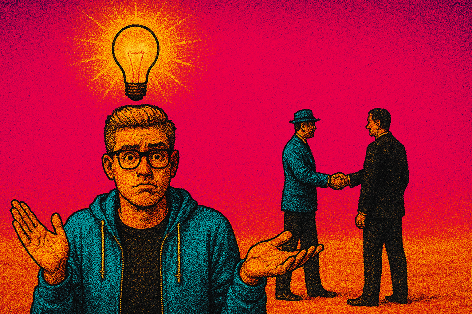Illustration of a confused tech founder shrugging under a glowing lightbulb, while two other founders shake hands in the background, symbolizing missed opportunities.